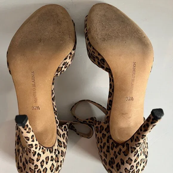 MANOLO BLAHNIK d'Ordsay Leopard Print Peep Toe Ankle Strap Heels - Picture 4 of 5